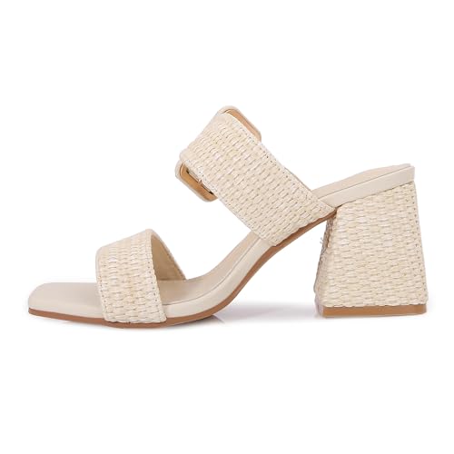 Women's Raffia Slide Sandals Square Open Toe Heeled Sandals Two Strap Mules Slip On Block Chunky Heels Sandals for Women3