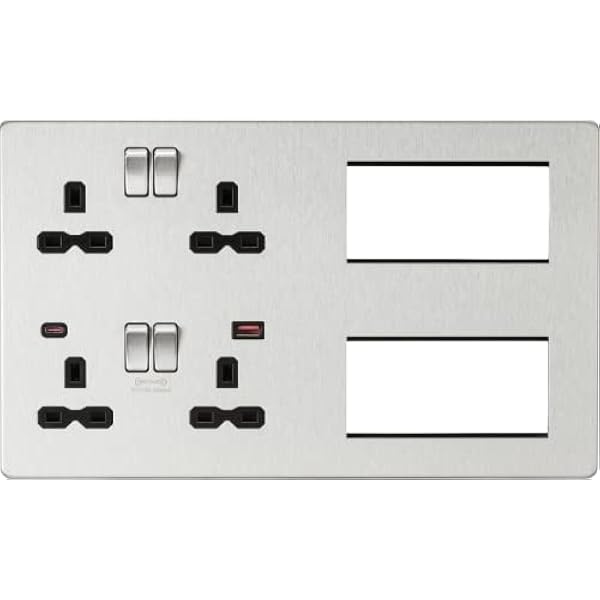 Skruvlös kombinationsplatta med dubbel USB-snabbladdning A C – borstad krom med svart insats