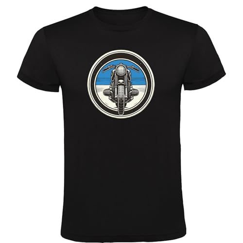 Genérico Camiseta Negra con Diseño de Moto Vintage, Estilo Retro Circular, 100% Algodón (FR/ES, Letras, S, Regular, Regular, Negro)