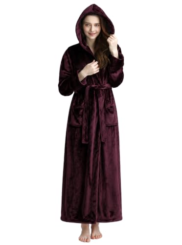 Image of Hellomamma Long Hooded Robe for Women Luxurious Flannel Fleece Full Length Bathrobe Winter Warm Pajamas Shower Nightgown