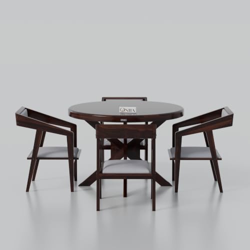 Image of ONIJA Solid Sheesham Wood 4 Seater Dining Table Set with Cushioned Chairs for Dining Room | Living Room | Home & Office | Hotels Restaurant & Cafe (4 Seater, Walnut Finish)