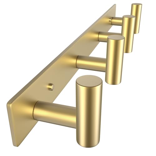 Image of VAEHOLD Hat and Coat Wall Mount Rack - Hooks for Robes, Bags, Keys, and Towels - Bathroom Towel Hanger Organizer (Gold, inchT inch Shape 4 Hooks 1 Pack)