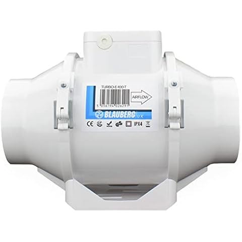 Blauberg UK 100mm - 4 inch dia Inline Bathroom Fan with Run on Timer Loft Mounted Shower Ceiling In Line Extractor fan Silent In-line Toilet Ventilator Powerful Ventilation Cover