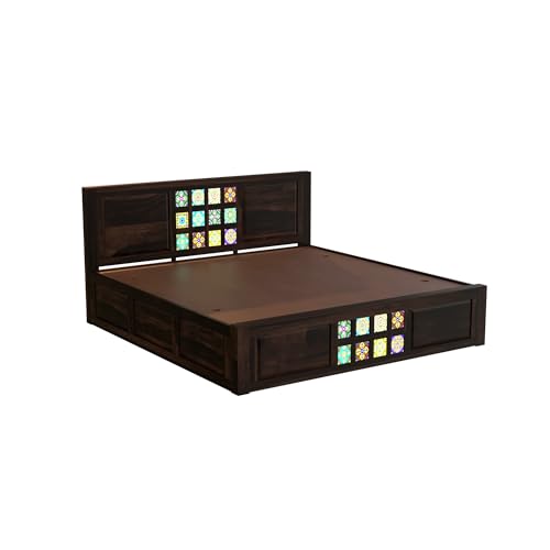 Image of King Size Bed with Storage Box | Sheesham Wood Bed | Multicolor Tiles Design Double Bed Wooden Cot for Bedroom & Hotel | Walnut Finish, Recommended Mattress Size: 78x72 Inch