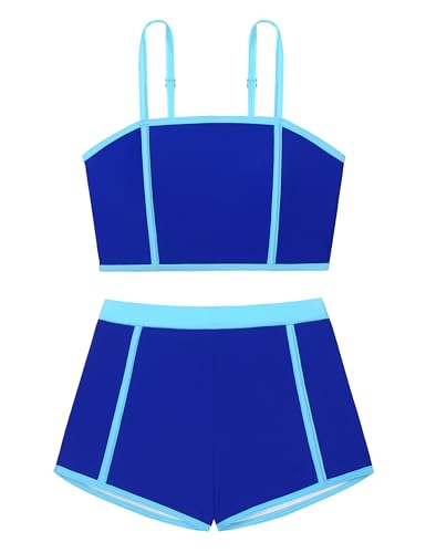 Qaoerde Girls Swimsuit Tankini Set Contrast Trim Sporty Bathing Suit with Swim Shorts Two Piece Girls' Swimwear 7-14Y