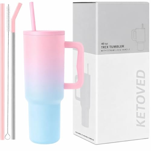 Image of Tumbler with lid and Straw 1200ML Cup Stainless Steel Vacuum Insulated Cup for Water, Iced Tea or Coffee 1.2L Office Gym Travelling; Tumbler with Straw. (40 - Oz - Pink Blue)
