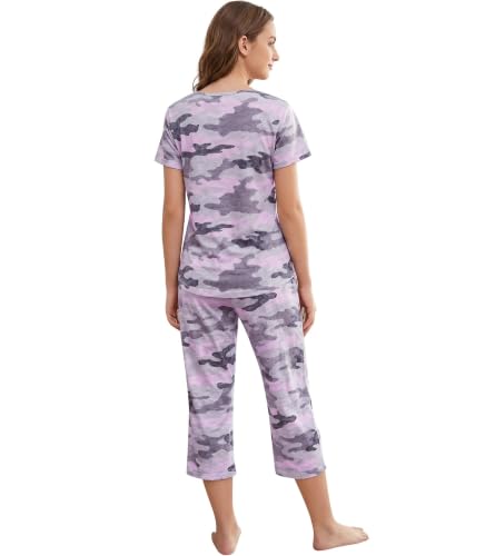 Image of ENJOYNIGHT Womens Pajama Sets Cotton Pj Set Short Sleeve Top With Capri Pants Sleepwear 2 Piece Lounge Set