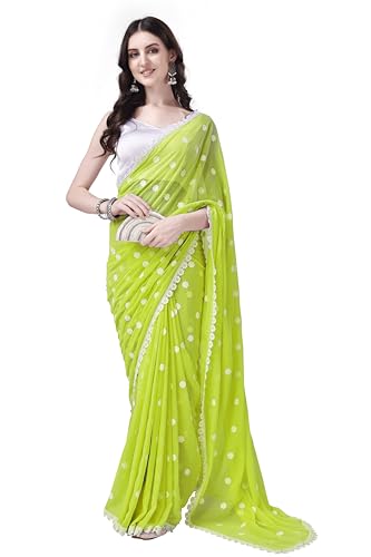 HESVI Womens Georgette Saree with Unstitched Blouse Piece and Hand-Embroidered Gota Work Lucknowi Chikankari (Perrot Green)