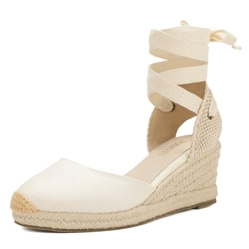 TONIVIS Women’s Platform Wedges Espadrilles, 2.5' Wedge, Soft Ankle-Tie Strap, Closed Toe, Classic Summer Sandals White 8.5 size