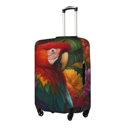 Image of Tropical Vibrant Parrot and Hibiscus Flowers Elasticity Luggage Protection Cover Travel Scratch Resistant Suitcase Covers Small (18-21 inch suitcase)