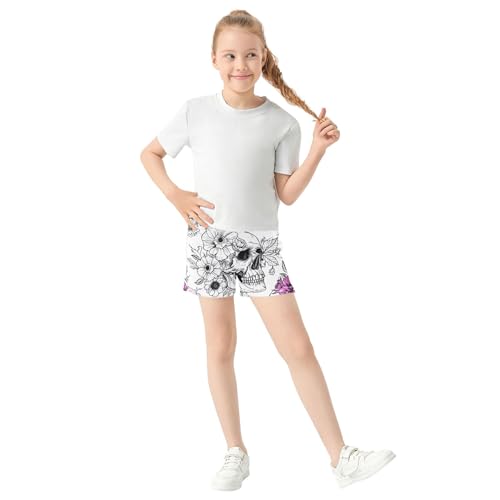 Girls Athletic Shorts Cute White Skulls Flowers Leaves Pink Printed Pajama Summer Kids Activewear Customized, X-Small2