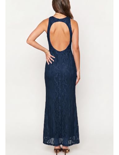 Image of Elegant Lace Floral V Neck Backless Bodycon Dresses for Women Sexy Cut Out Low Back Sleeveless Maxi Dress Wedding Guest