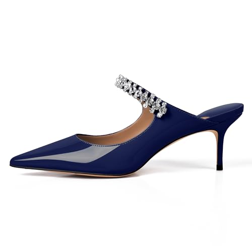 Image of XINIUNIU Heeled Mules for Women Rhinestone Heels Pointed Toe Slip On 2.5 Inch Kitten Stiletto Closed Toe Sandals Dress Wedding Pump Shoes