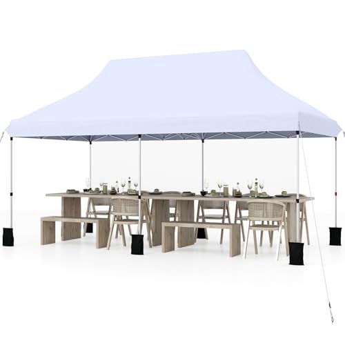 Tangkula 10x20 Ft Pop Up Canopy, Instant Setup Tent with 6 Sandbags, 12 Stakes & 6 Ropes, UPF 50+ Portable Outdoor Canopy Tent with Carrying Bag for Camp, Beach, Patio (White)