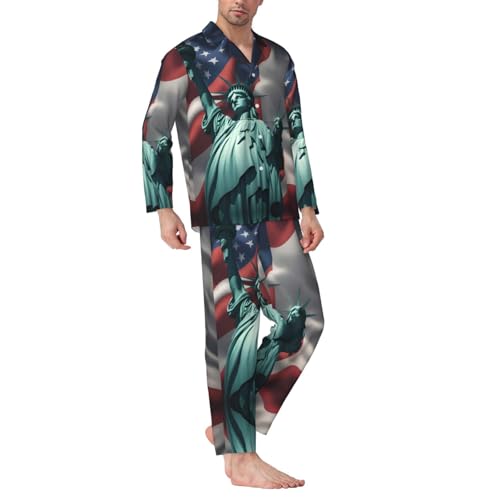 Statue Of Liberty Flag Mens Pajamas Set, Sleepwear Button Down Pjs Set For Bedtime Routine, Morning Lounge3
