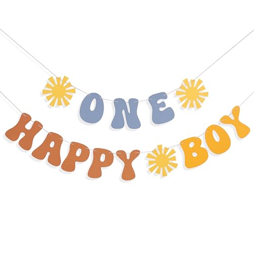 One Happy Boy Banner - Sunshine First Birthday Party Decor, First Trip Around The Sun Garland, Boho Sunny Garland Accessories, Boy's 1st Birthday Decoration (One Happy Boy Banner)