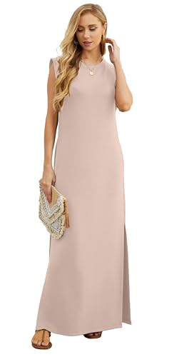 Image of GRECERELLE 2026 Women Year-Round Casual Round Neck Loose Split Wrinkle-Free Long Maxi Vacation Dress with Pockets (XXS-4XL)