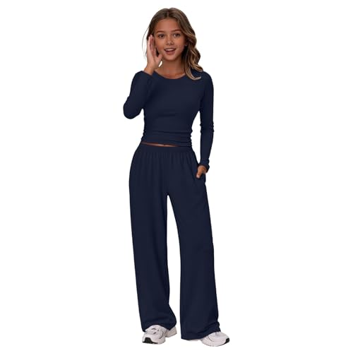 Baggy Lässig Jogginganzug Mädchen Zweiteilig Weitem Bein Mode Jogginghose und Langarm Pullover Set Kinder Sport Trainingsanzug Teenager Sommer Outfit Coole Sachen Für Mädchen (Navy 10-11 Years)