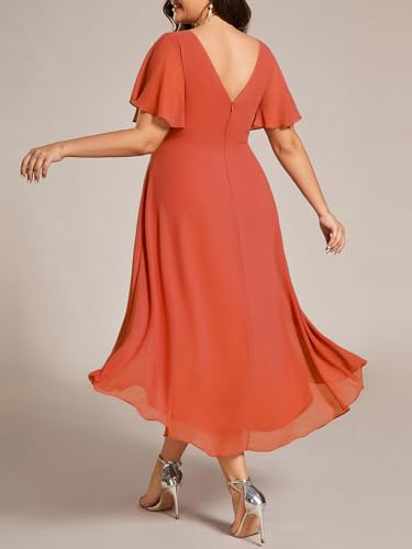 Image of Ever-Pretty Plus Summer Short Sleeves V-Neck Formal Wedding Guest Dresses for Curvy Women Chiffon Midi Cocktail Party Dress