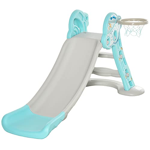 HOMCOM Escorrega infantil + 18 meses dobrável modelo OVni com cesta de basquetebol e 3 degraus brinquedo para interior e exterior, 140 x 87 x 75 cm, azul e cinzento