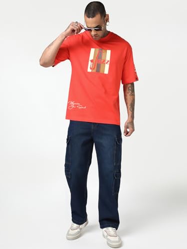 Image of Bewakoof Men's 100% Cotton Graphic Print Oversized Fit Half Sleeve Round Neck T-Shirt | Bewakoof Heavy Duty 1.0 | Casual Wear | Street Wear | Oversized t Shirt for Men Cotton | Baggy
