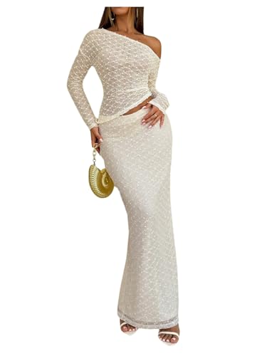 MakeMeChic Women's 2 Piece Fall Outfits Long Sleeve Asymmetrical Tops and Bodycon Maxi Skirt Matching Sets