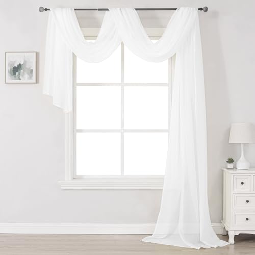 DONREN White Sheer Window Valance - Luxury Soft Semi-Sheer Scarf