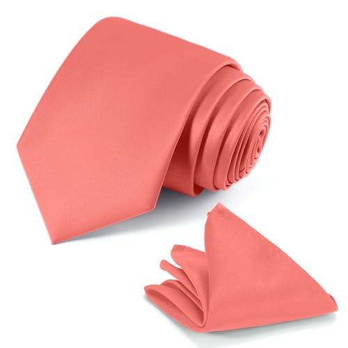 JUNMEISI Coral Tie Set in Gift Box Mens Solid Color 3.15 (8CM) Salmon Necktie and Pocket Square Set