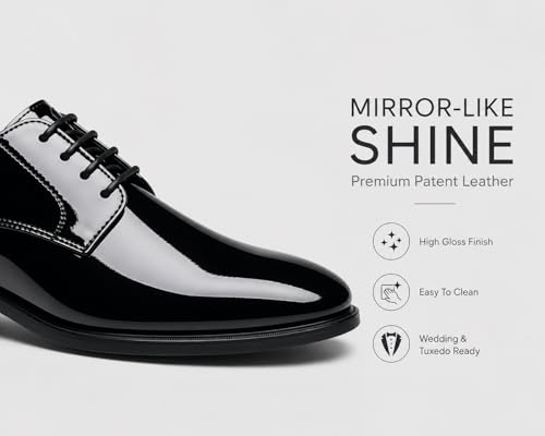Image of Mens Tuxedo Dress Shoes Classic Formal Oxfords Faux Patent Leather Shoe Lace-up Dress Shoes for Business Wedding Suit Black