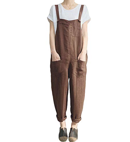 Women's Strappy Jumpsuits Overalls Baggy Bib Pants Casual Plus Size Wide Leg Rompers (XXL, T Coffee)