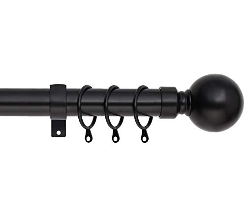 Plain Metal Ball Extendable Curtain Pole. Includes Pair Of Superior 60mm Size Finials, Rings, Brackets & Fittings Set. (Mat Black, 120cm - 210cm, 48 inch to 83 Inch)