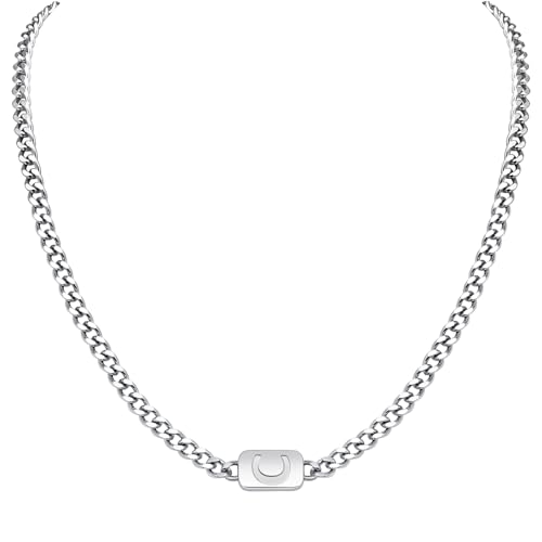 VNOX Silver/Gold/Black Initial Necklace for Men - A-Z Letter Necklaces Cuban Link Chain Pendant Neckless for Mens Womens Valentines Day Christmas Birthday Jewelry Gift C Silver
