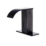 HHOOMMEE Automatic Waterfall Touchless Bathroom Sink Faucet, Motion Activated Sensor Square Body Hands-Free Tap Water Mixer,Matte Black
