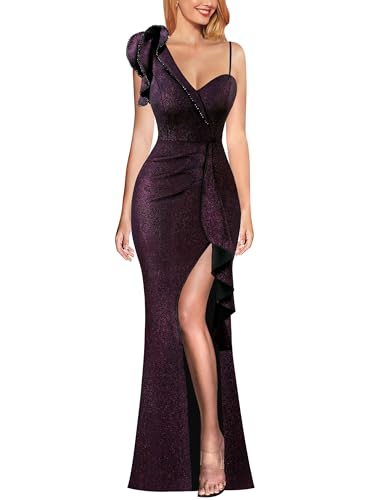 Image of VFSHOW Womens Formal Prom Elegant Ruffle One Shoulder Beaded Strap Ruched Slit Maxi Dress Wedding Evening Long Gown