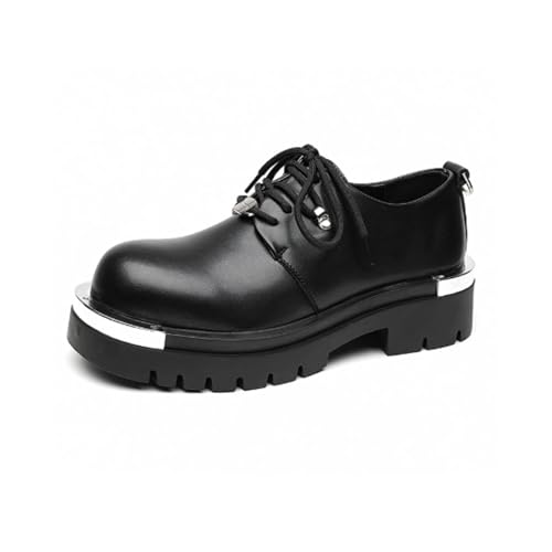 Men's Leather Chunky Heel Platform Oxfords Classic Round Toe Lace Up Chunky Heel Heightening Derby Shoes for Work Formal Office