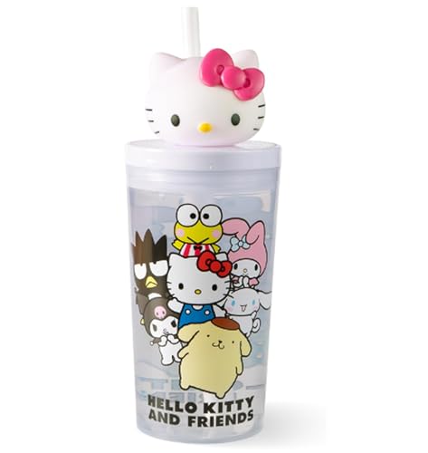 Hello Kitty Gobelet à paille pour enfant, 425 ml, avec couvercle, sans BPA et adapté aux boissons gazeuses, grand gobelet pour boissons froides, pour l'école, la...
