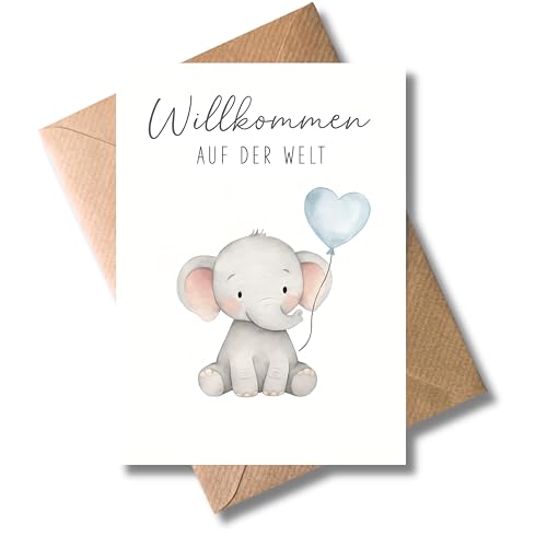 WBdesignz Geburtskarte Wilkommen auf der Welt mit Umschlag - mit niedlichem Elefanten & Herzballon - süße Grußkarte für frisch gebackene Eltern - Unisex Babykarte zur Geburt (DIN A6)