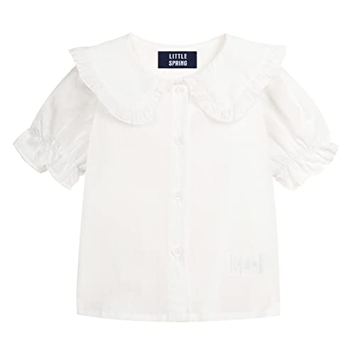 Image of LittleSpring Girls Short Sleeve Peter Pan Blouse with Elastic Cuffs
