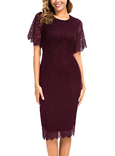 Sheath Skirts Lace Floral Dresses for Womens Casual to Wear to a Wedding Short Midi Cocktail Party Wedding Guest Dress 931 (XL, Burgundy)