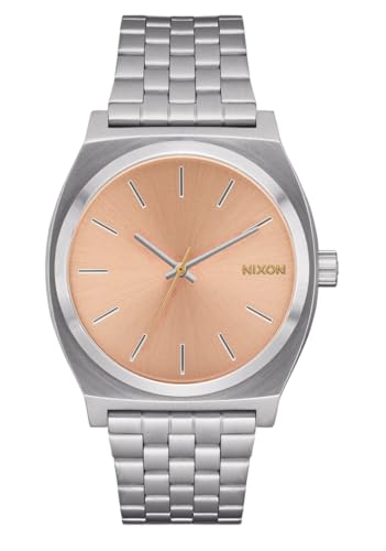 Image of NIXON Time Teller A045 - 100m Water Resistant Men's Analog Fashion Watch (37mm Watch Face, 19.5mm-18mm Stainless Steel Band), Silver /Coral, Time Teller