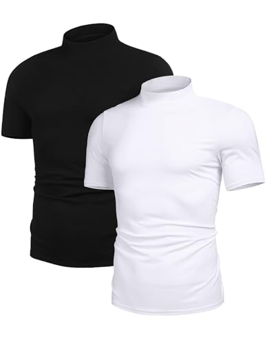 Poriff Men's Casual Mock Turtleneck Pullover Tops Short Sleeve Slim Fit T-Shirts Basic Solid Color Tees