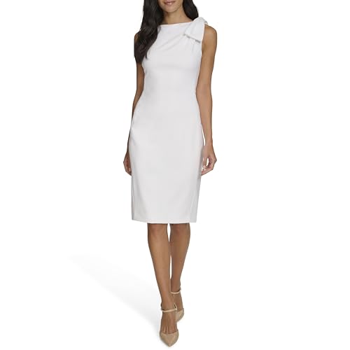 Image of Calvin Klein Women's Sleeveless Bow Shoulder Detail Knee Length Crepe Sheath Dress