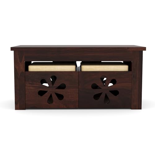 Image of Solid Wooden Coffee Table Center Table with 2 Stool | Sheesham Wood Center Coffee Table for Living Room, Home, Meeting Room Furniture | Modern Carved Flower- in Walnut Finish