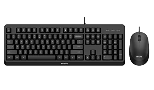 Philips SPT6207BL/16 - Combo Teclado-ratón con Cable para Windows, Linux, Mac, PC, Portátil, QWERTY Español, Teclado 110 Teclas, ratón 1200ppp, Agarre ambidiestro, Negro