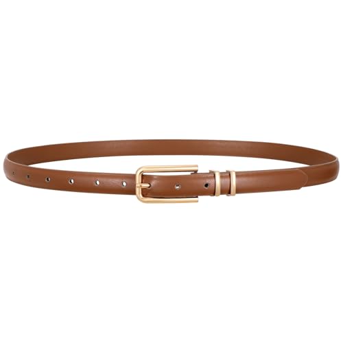 VONMELLI Women Skinny Leather Belt Thin Waist Brown Belt for Women Jeans Dress Fashion Ladies Belt with Gold Buckle, S