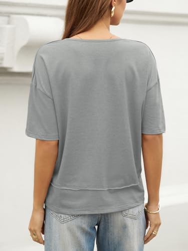 Image of UNCLECAT Womens V Neck T Shirts Summer Trendy Loose Fit Casual Tops Tees | Short sleeve, Spliced hem, Flowy graphic tees,Solid color cute basic t-shirts
