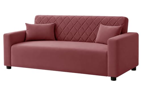 Image of Rosebell 3 Seater Wooden Sofa for Living Room, Modern Fabric Upholstered Sofa with Quilted Backrest, Cushioned Seating, Padded Armrests & Sturdy Wooden Frame - Rose Pink