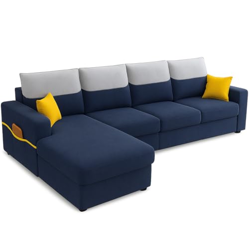 Image of Furny Tokiaa 8 Seater Fabric LHS L Shape Sofa Set with 1 Centre Table & 2 Puffy (Blue) | Soft Velvet Fabric | Modern Design | Comfortable Seating | Living Room Furniture