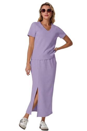 Image of GRECERELLE Women Summer Casual 2 Piece Sets V-Neck Wrinkle-Free Top & Elastic Waist Midi Side Slit Skirt with Pockets