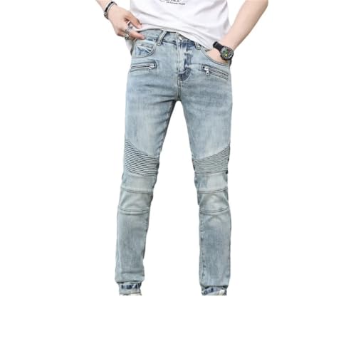 Men's Motorcycle Jeans Retro Street Pleated Slim Fit Patchwork Tappered Pants3